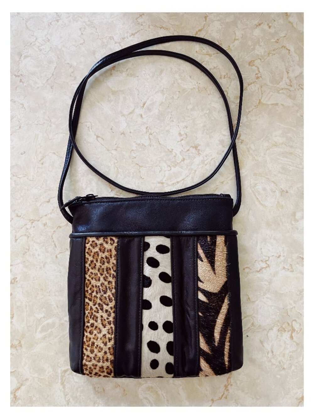 VTG Black Leather Animal Print Calf Hair Crossbody Purse
